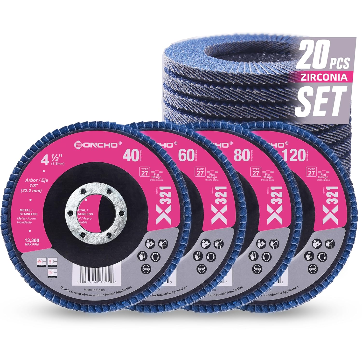 Flap Discs 4 1/2 for Angle Grinder, T27 High Density Grinding, 40/60/80/120 Grit Premium Zirconia Abrasive Grinding Wheel, Grinding and Polishing for Metal, Wood, Stainless Steel(20Pack)