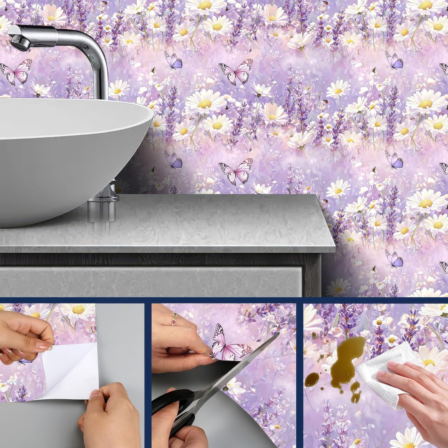 HOMETITUTE Lavender Daisy Butterfly Wallpaper Peel and Stick Contact Paper Wall Paper Stick 17.7" x 118.1" Self Adhesive Removable Vinyl Wall Covering Bedroom Kitchen Home Decor