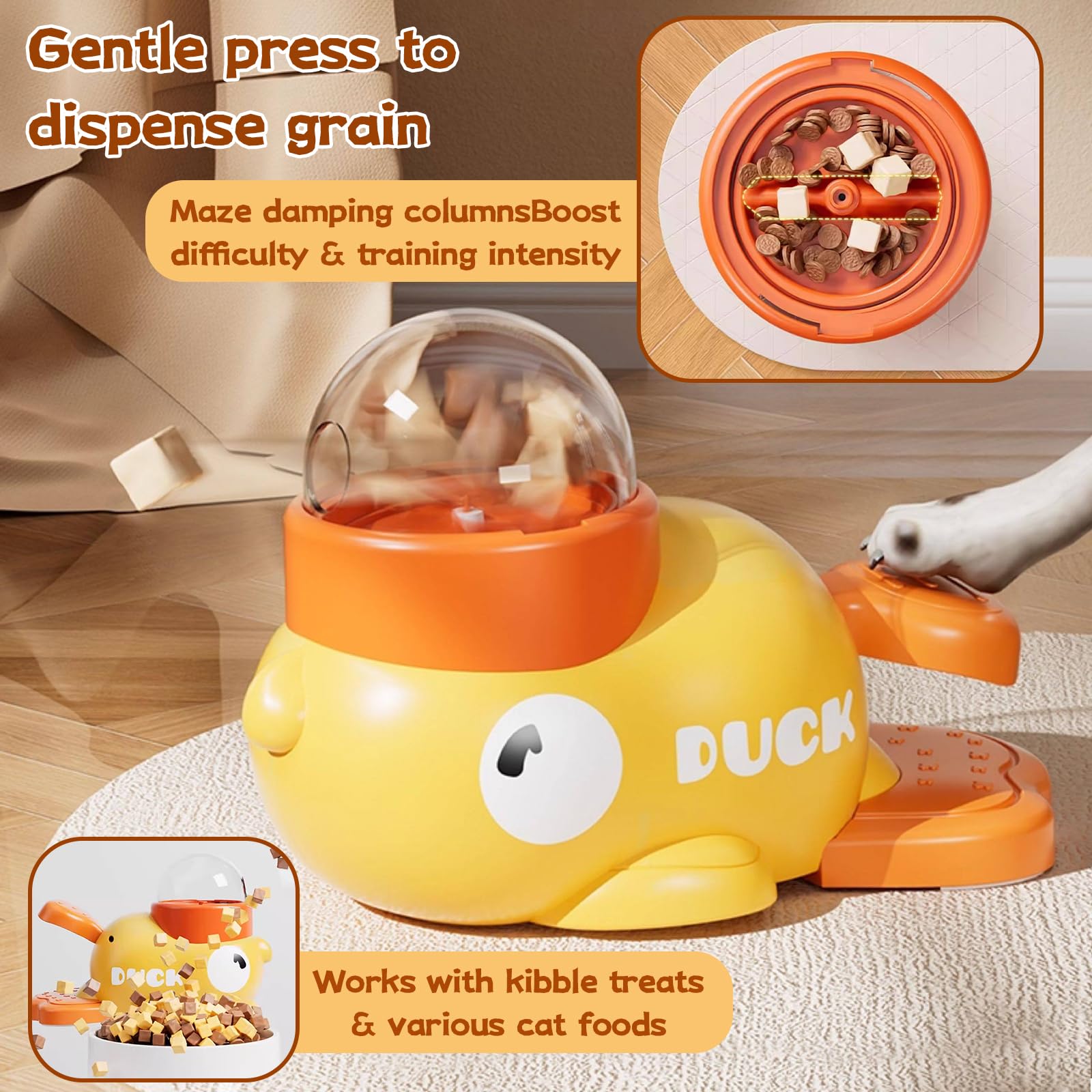Distributeur Croquettes Chat Forme de Canard Jaune, 2 en 1 Distributeur Croquettes Chien avec 3 Couvercles, Jouet Interactif Chien, Educational Pet Feeder Toy, Jouet Intelligence Chat