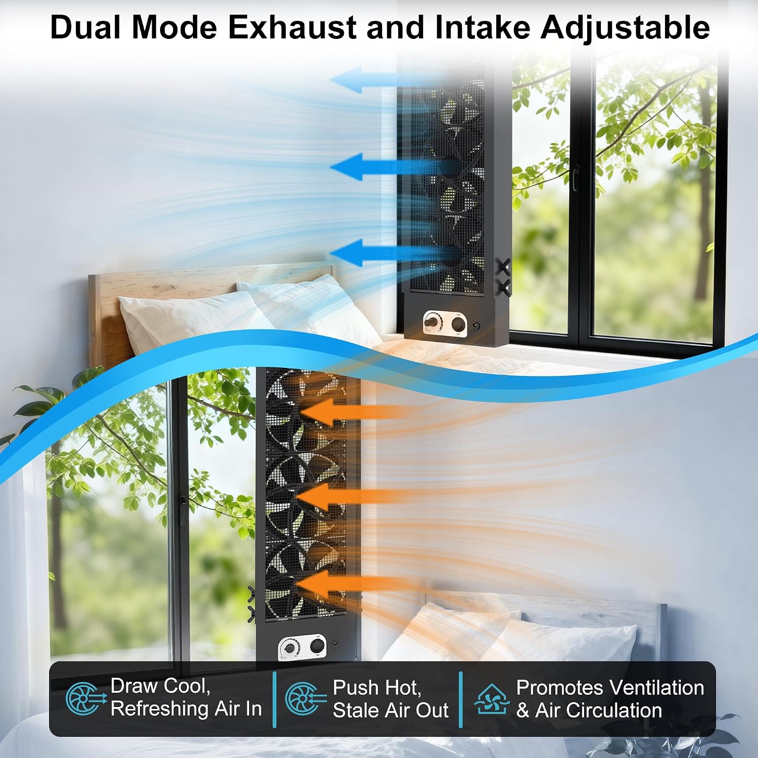 PANO-MOUNTS 36.61-66.93 Inch Vertical Window Fan -Dual Mode Airflow Exhaust Intake and Variable Speed Control for Sliding Windows Tool-Free designed for Bedroom, Humid and Smoke Spaces, Black