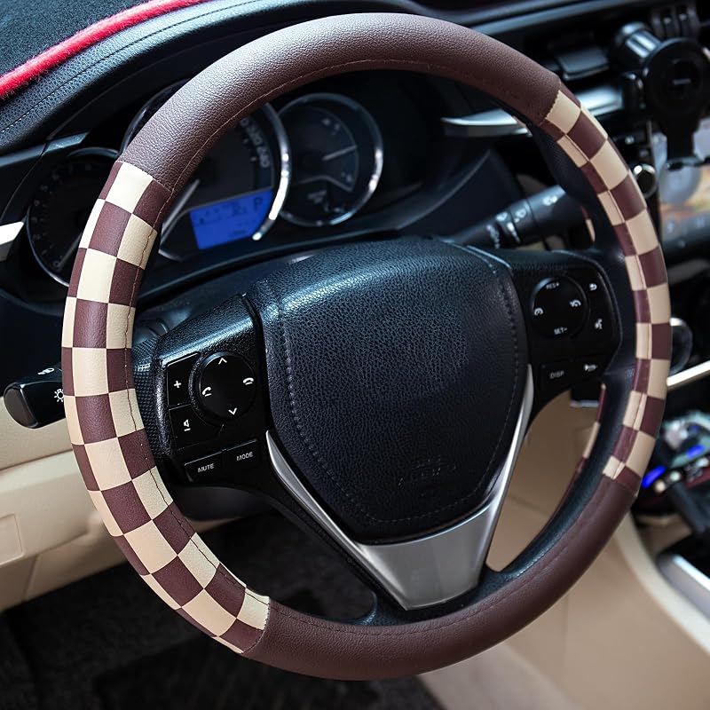 Capa para Volante Automotivo em Couro de Microfibra Marrom e Bege com Estampa de Bandeira Quadriculada 38 cm Evankin E01