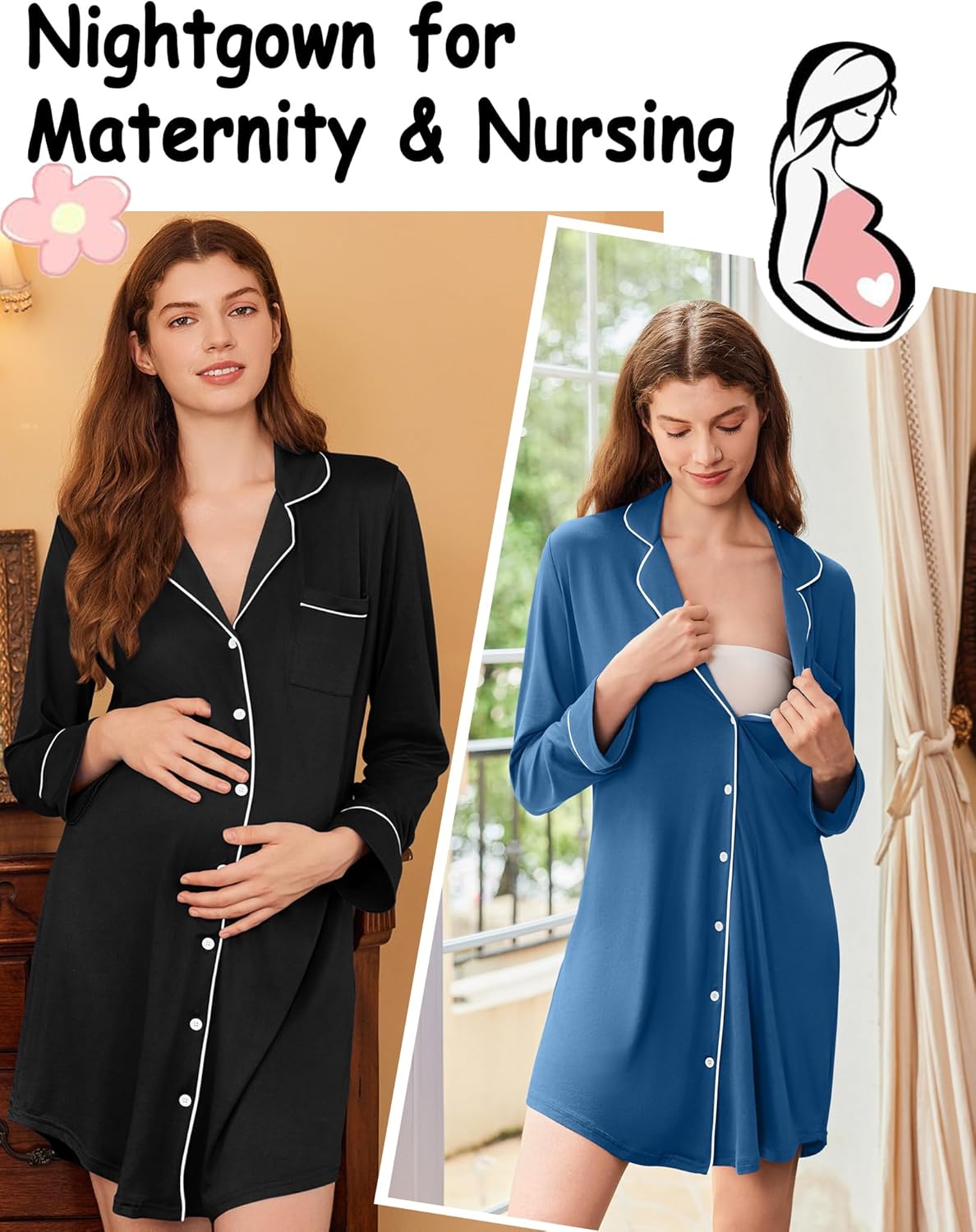 Ekouaer 2 Pack Nightgowns for Women Long Sleeve Night Shirt Button Down Sleep Shirt V-Neck Sleep Dress Pajama Sleepwear - Image 5