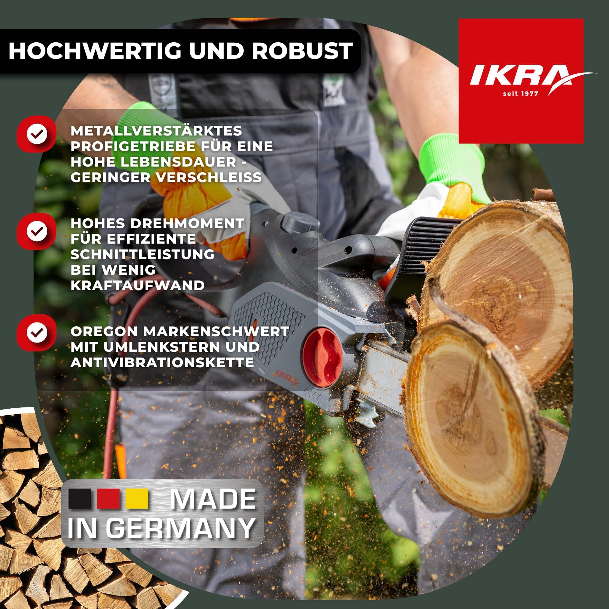 IKRA Elektro Kettensäge KSE 2400-40, Made in Germany, inkl. Ersatzkette | Schnittlänge 40cm, vibrationsarme Sägekette, werkzeuglose Kettenmontage & -spannung, 2400 W, metallverstärktes Profigetriebe
