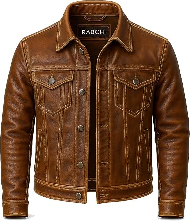 Mens Distressed Brown Lambskin Leather Trucker Jacket - Men Genuine Vintage Motorcycle Biker Style Western Jackets