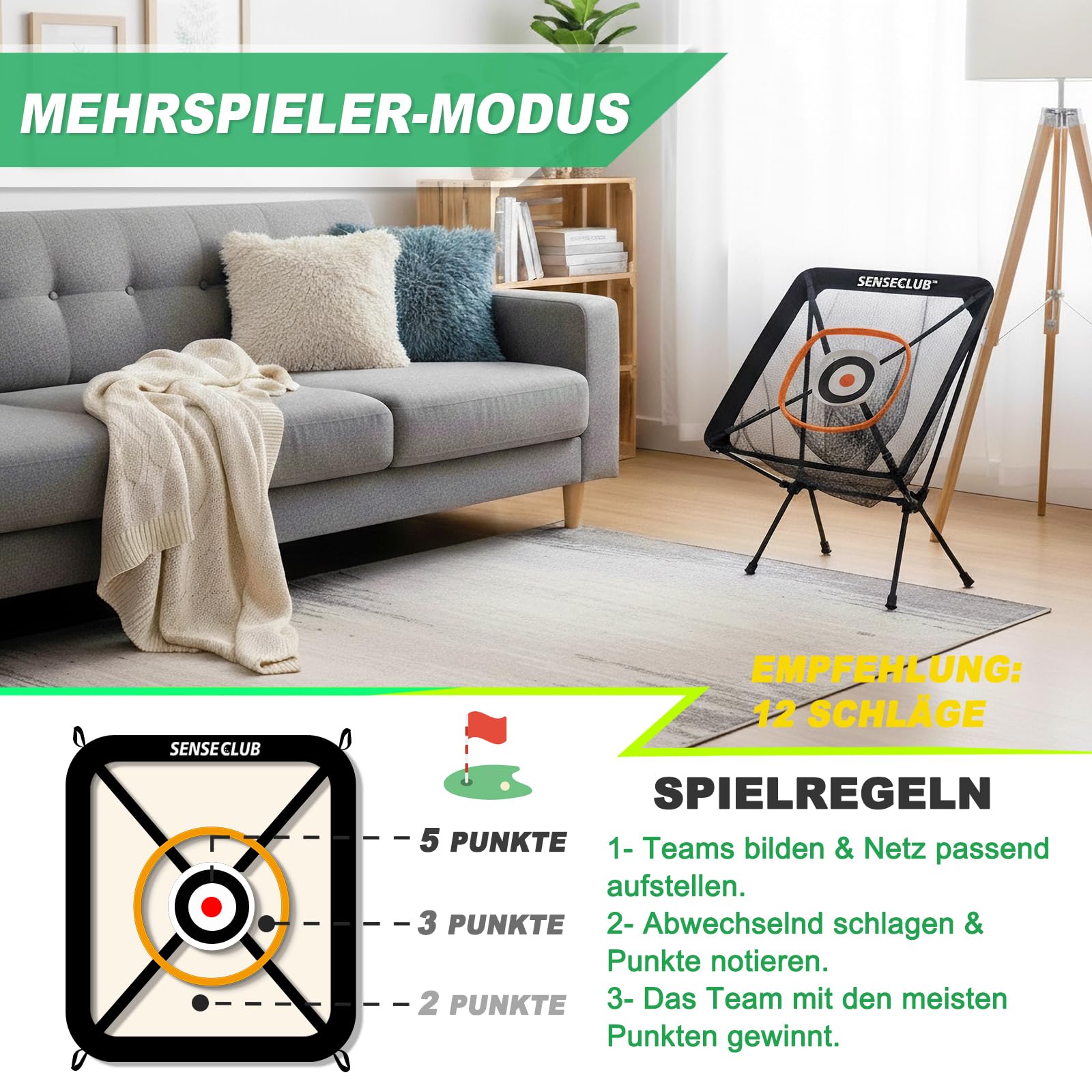 SENSECLUB Chipping-Netz und -Matte für drinnen, Golf-Übungsziel mit Tee und Bällen, Geschenkidee für Golfer im Garten