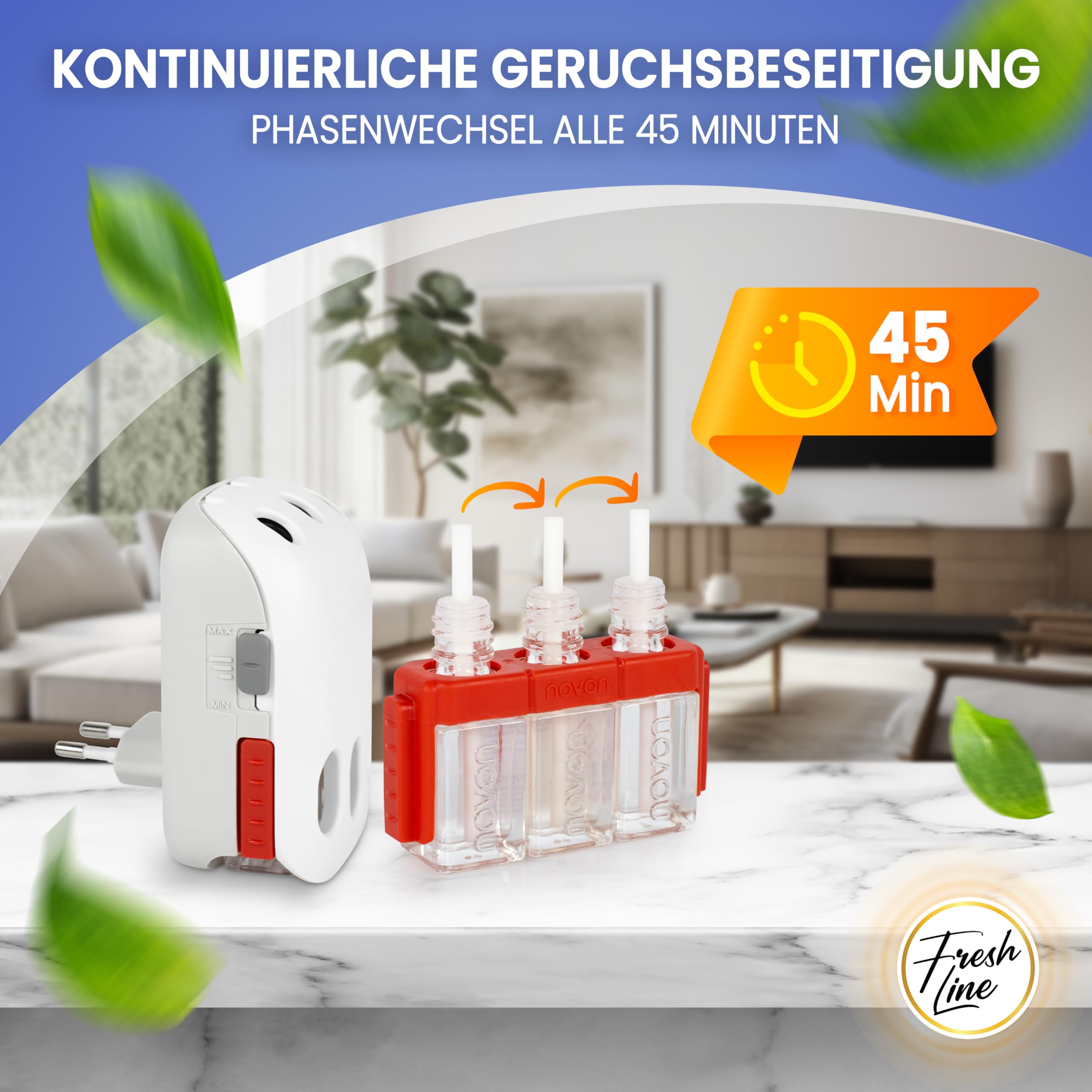 FRESH LINE® Zestaw 12 sztuk (3 x 7 ml) – 3-fazowa zmiana – kompatybilny z 3VOLUTION – odświeżacz powietrza – 6 zapachów: dzikie jagody, jaśmin, limonki, świeża kwietniowa, złota orchidea, wanilia