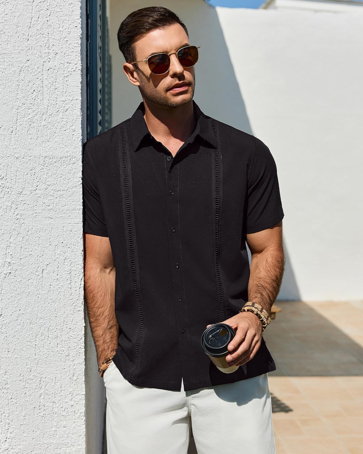 Alimens & Gentle Mens Cuban Guayabera Shirt Short Sleeve Untucked Soild Button Down Shirts Beach Wedding Causal Vacation Tops