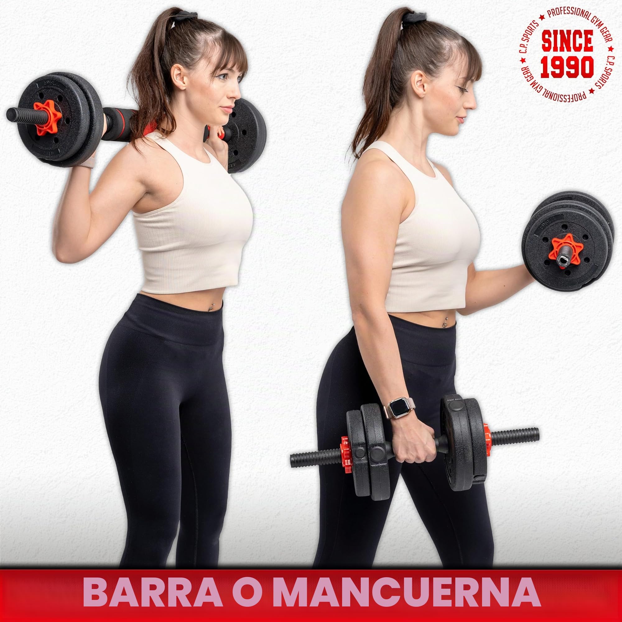 C.P.Sports 2in1 Juego de mancuernas y barras de 30kg | 4x 1,25kg - 4x 1,5kg - 4x 2,0kg - 4x 2,5kg pesas - 2x mangos | Placas de plástico para entrenamiento con pesas, fitness, gimnasio en casa | 4 colores