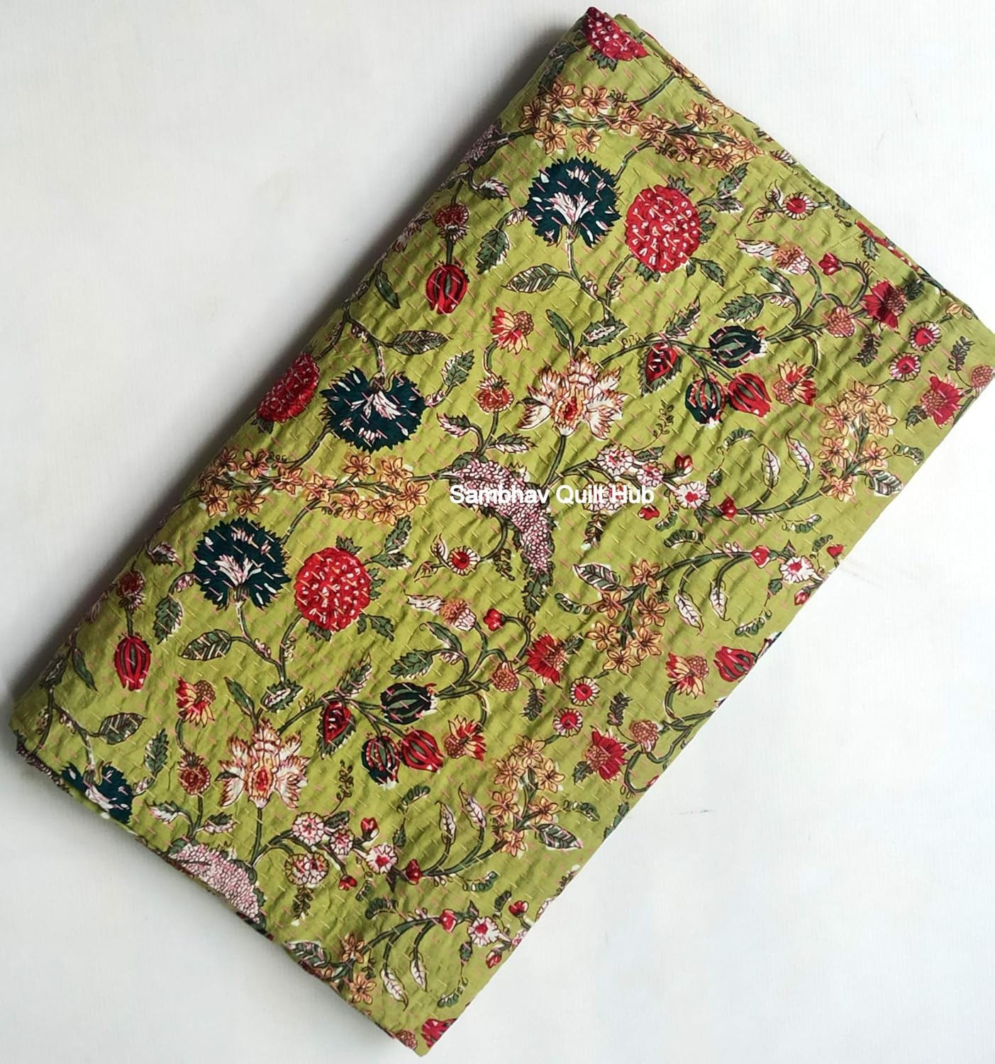 Green Handblock Home Decor Quilt Floral Elephant Print Handmade Quilted Kantha Bedspread Boho Bedding Queen Size/King Size Bed Cover Block Throw Kantha Quilt