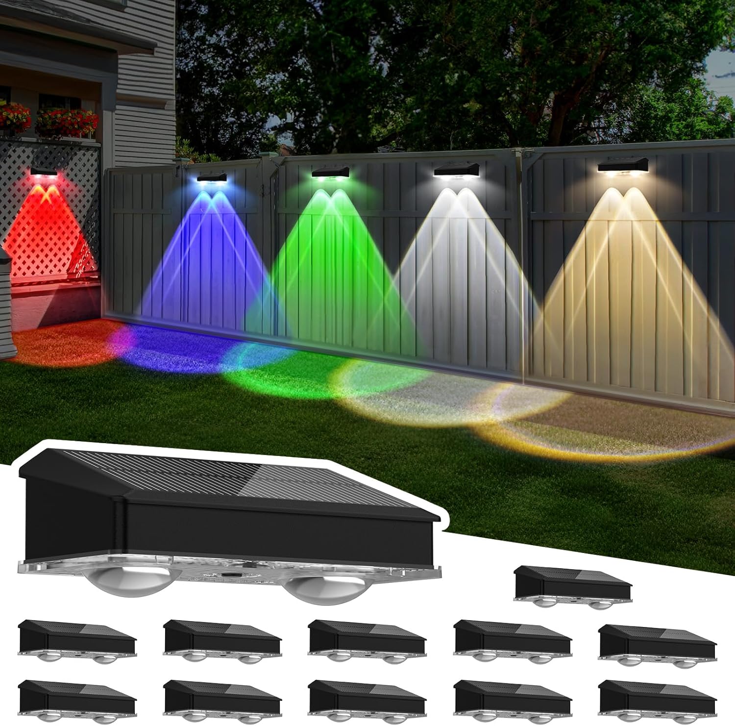 Solar Fence Lights Outdoor 12 Pack, Warm White & Cool White & 6 Colored+RGB Color Changing, High Brightness LED Spot Lens Deck Lights Dusk to Dawn for Backyard Railing Patio Wall, IP65 Waterproof ABS 12 Packs