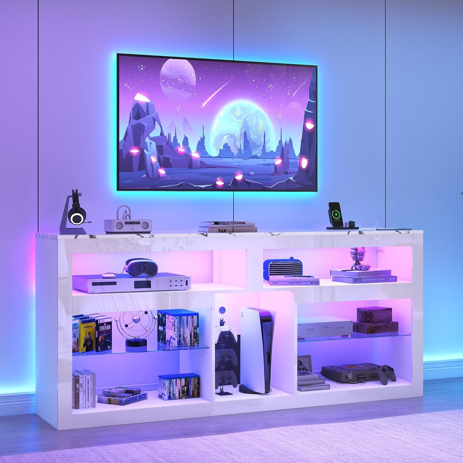 71" LED TV Stand w/Power Outlet, 31.5" Tall Entertainment Center for 75 Inch, Gaming Console with Storage, Adjustable Shelf Modern High Cabinet for Living Room Bedroom, White Marble