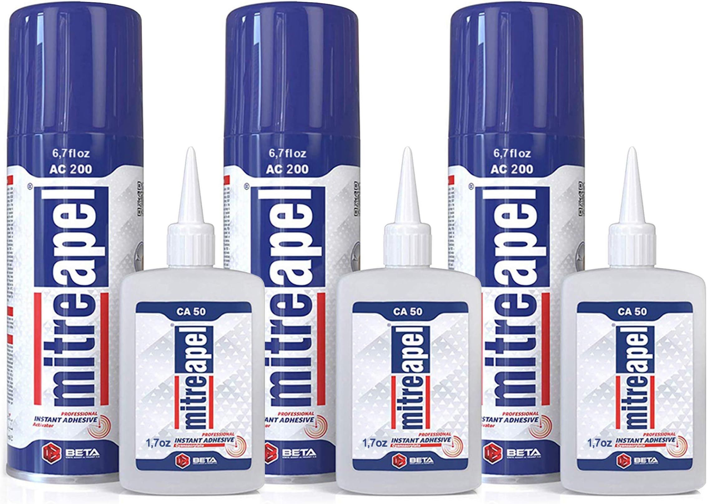 MITREAPEL CA Glue with Activator (3x1.7oz-3 x 6.7 floz)Instant Bond Professional Cyanoacrylate Adhesive and Super Glue Accelerator for Woodworking ,Ceramic,3D Printing,Glass, DIY&Craft, Plastic,Repair