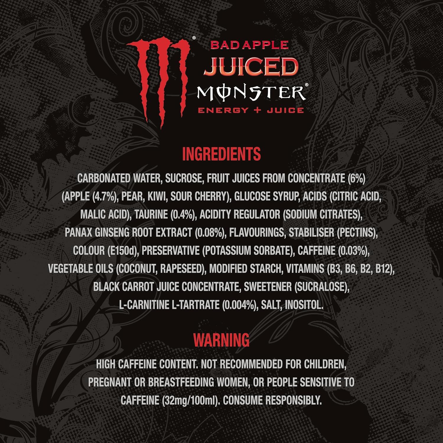 Monster Juiced Energy Drink - Bad Apple Flavor, 500ml Cans (Pack of 12) By COUGAR - Energy + Juice Blend, Bold Apple Taste, High Caffeine & B-Vitamins (IMPORTED-USA) 4