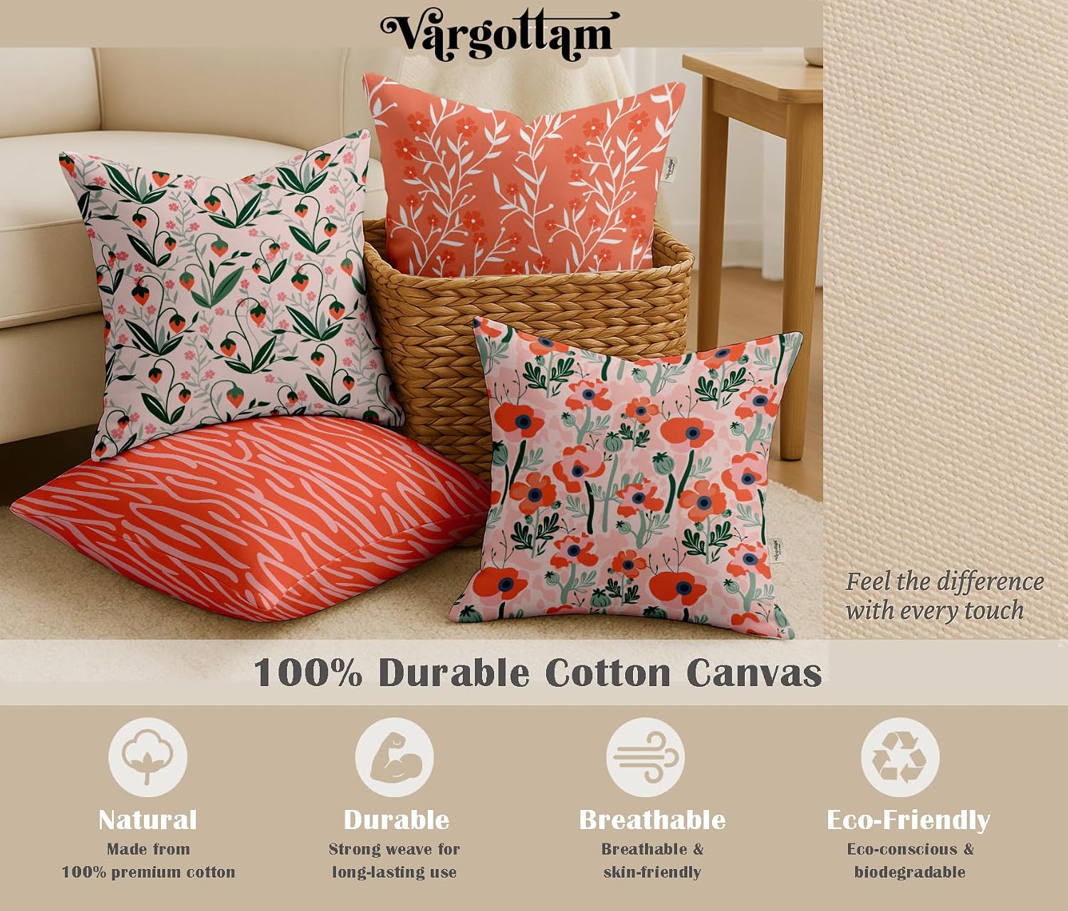 Cotton Cushion Covers Set of 4-16x16 Inch, Floral Print, Double-Sided Printed Throw Pillow Covers with Hidden Zipper - No Filler - Orange