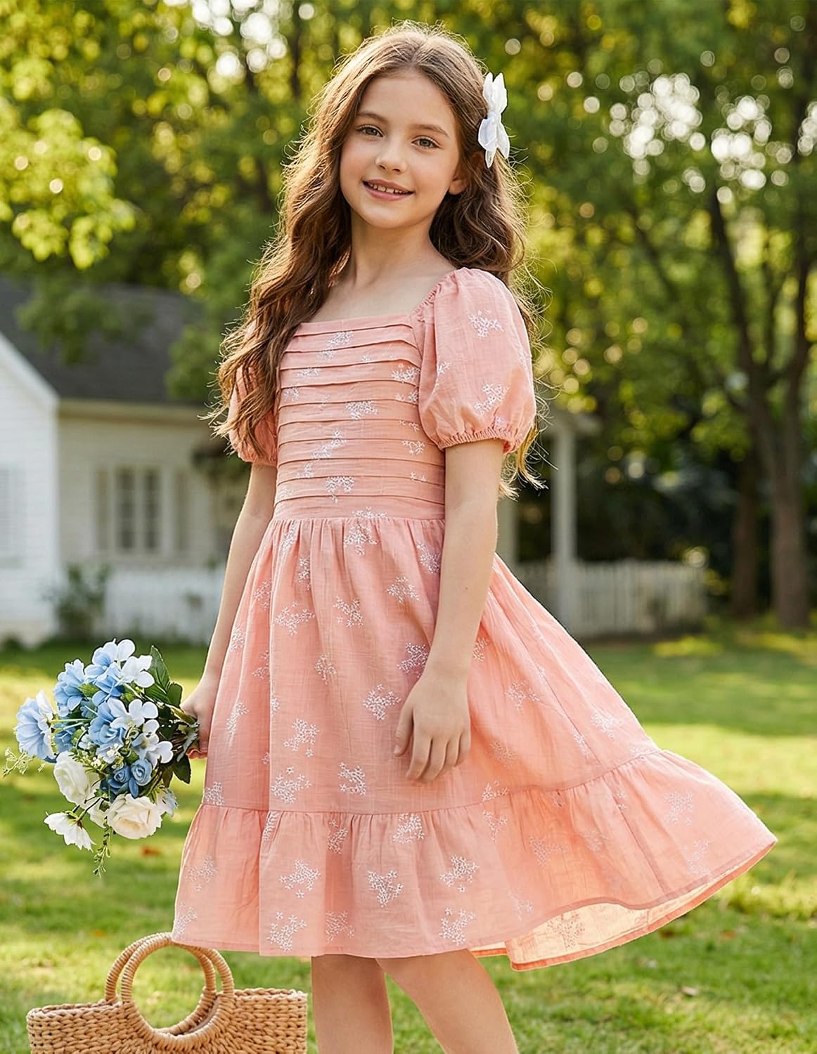 GRACE KARIN Girls Summer Tie Back Dress Square Neck Lantern Sleeve Ruffle Hem Elegant Dresses for 7-14 Years