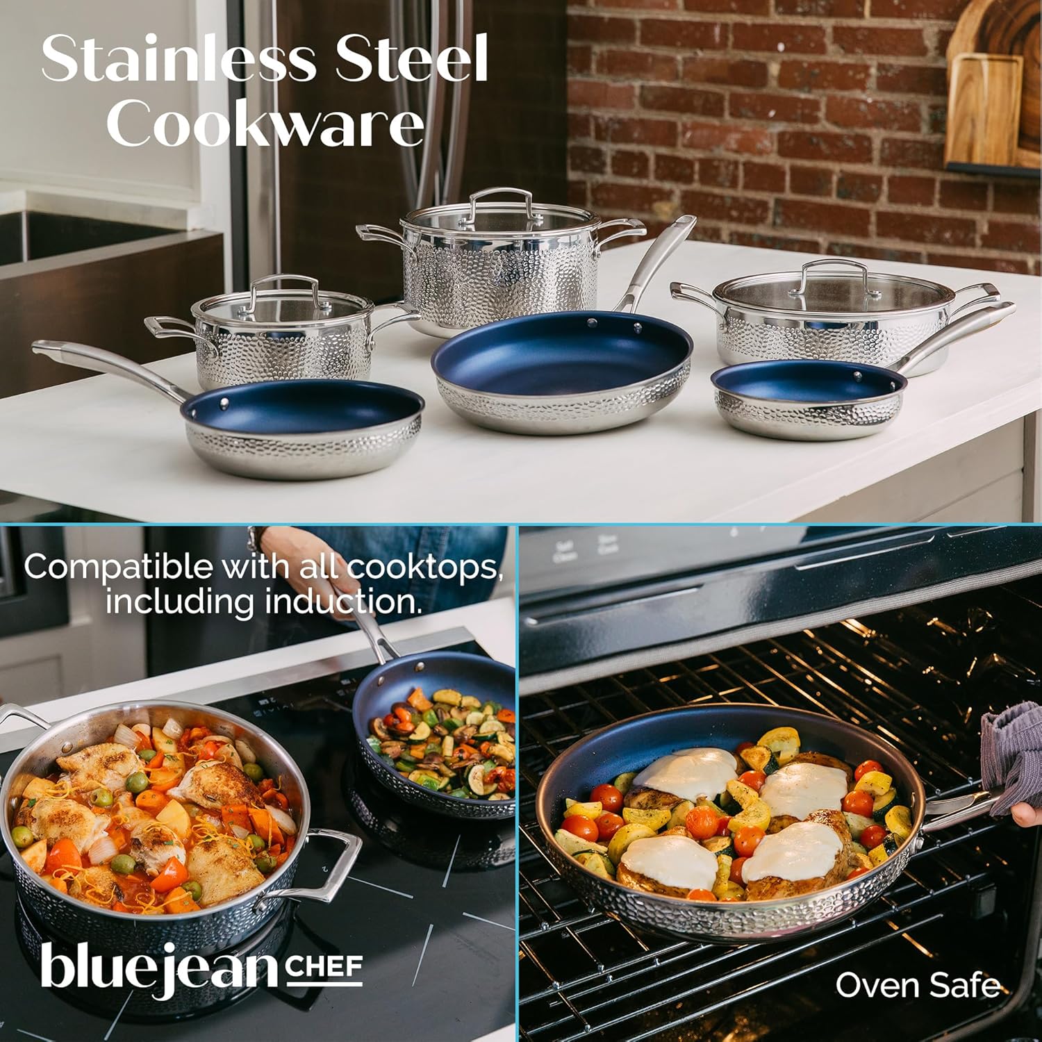 The Blue Jean Chef 9-Piece Stainless Steel Cookware Set, Hammered Finish, Tri-Ply Construction Clad Cookware, Nonstick; Induction, Oven & Dishwasher Safe