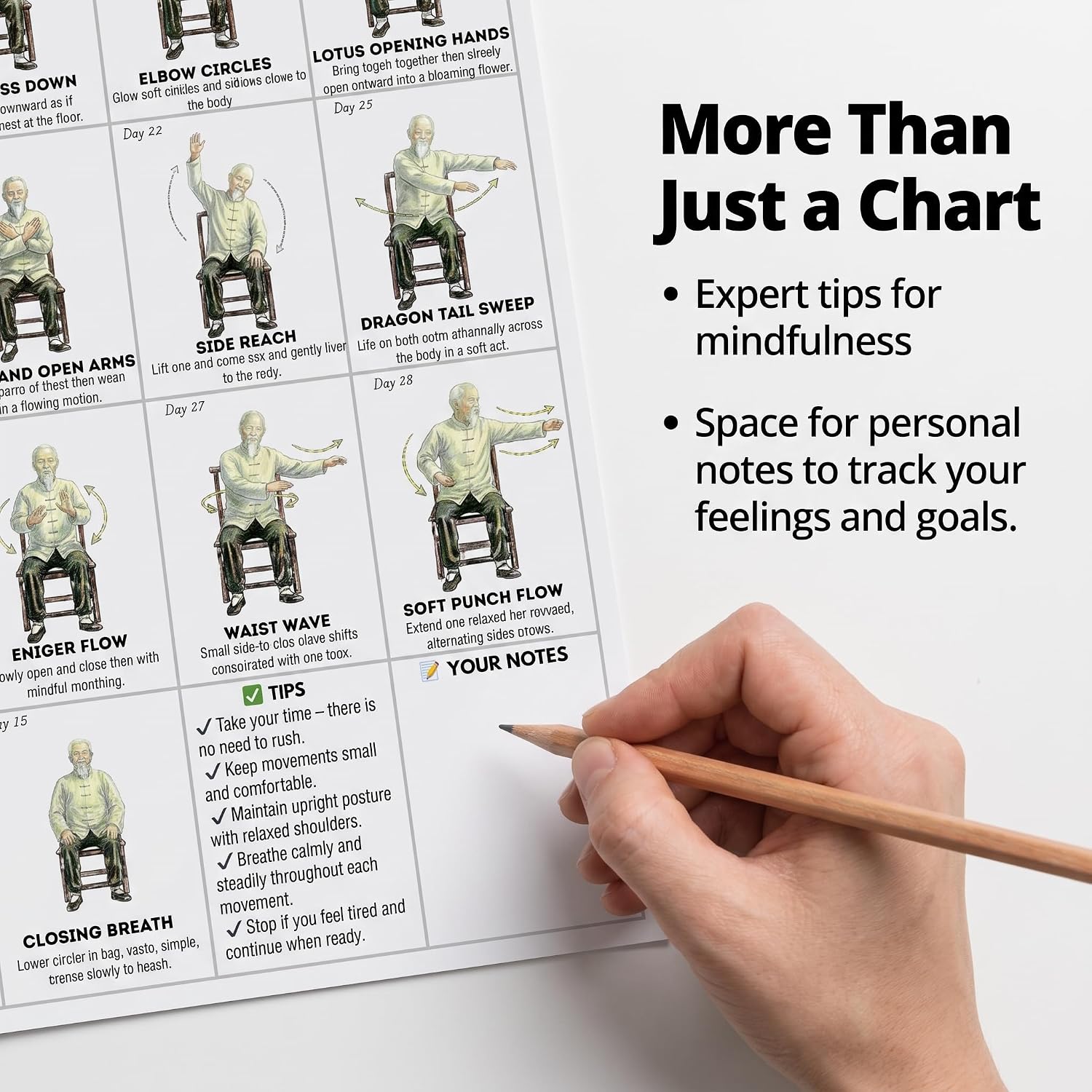 Odetina Tai Chi Chair Workout Chart for Seniors, 30-Day Seated Exercise Poster, Printable Wall Guide for Home Fitness and Mobility