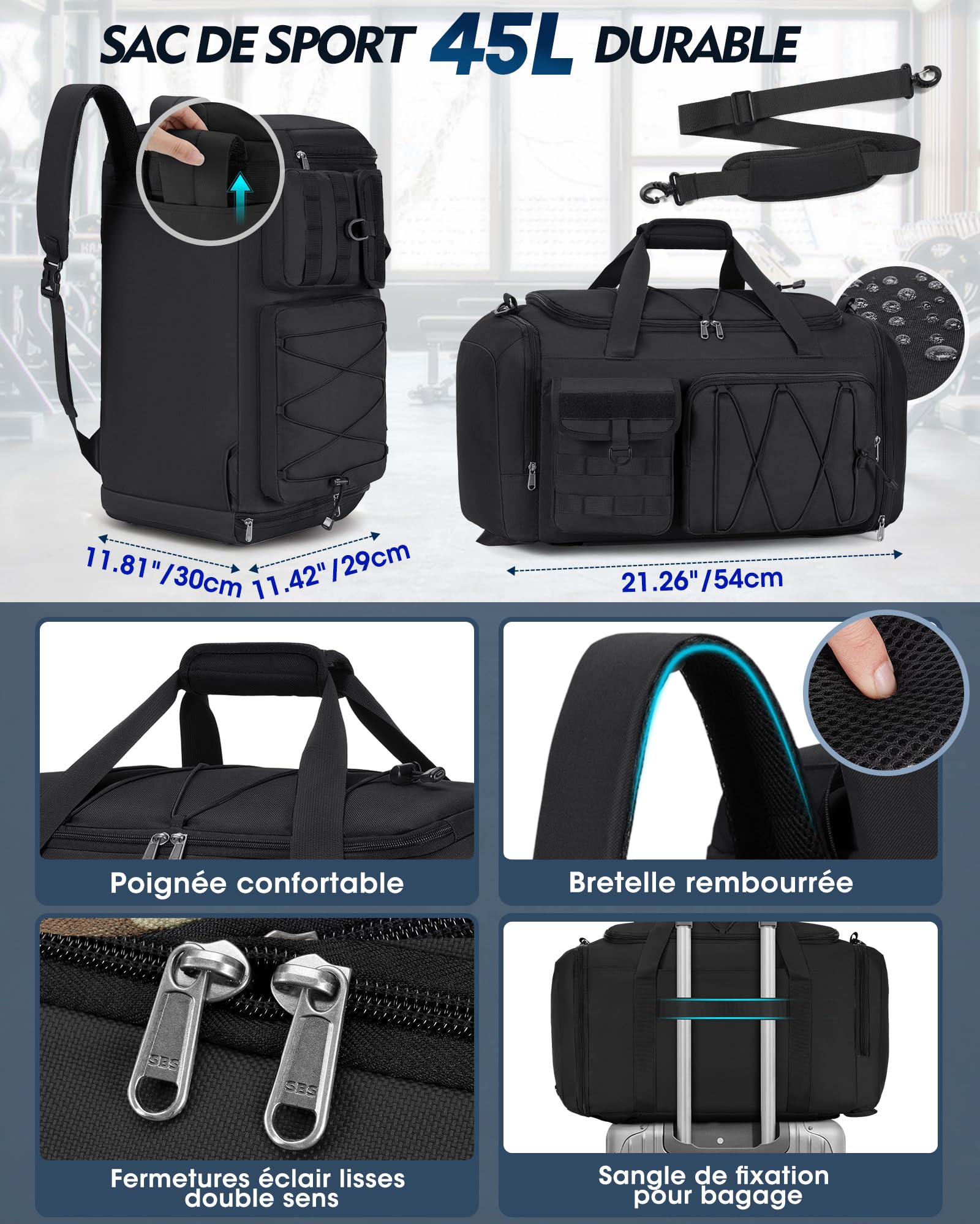 RAINSMORE Sac de Sport Homme Femme 45L, Sac de Voyage 3 en 1 Bagage avec Compartiment Chaussures et Séparation Humide, Sac Fitness Gym Imperméable pour Yoga Weekend Noir