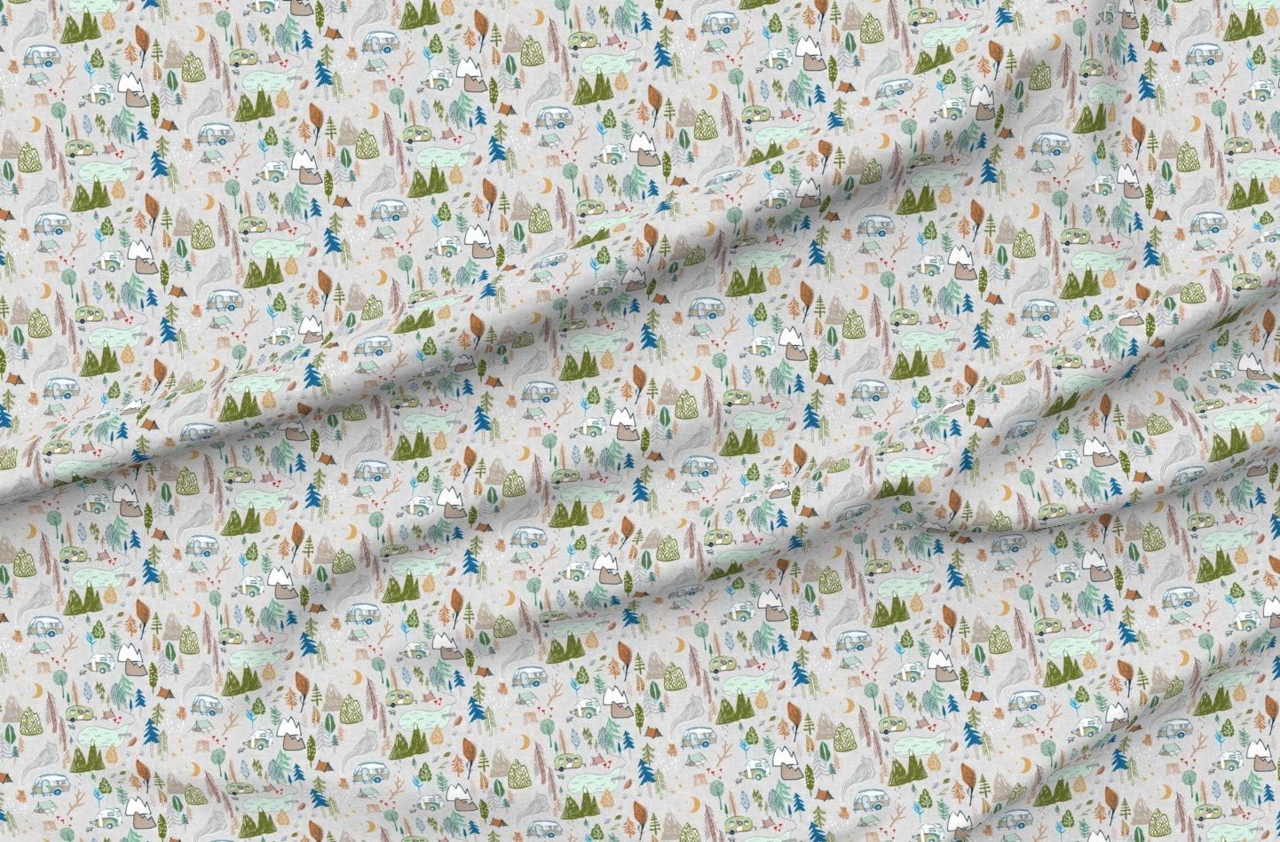 Spoonflower Fabric - Happy Camper Gray Camping Hiking Woodland Forest Fall Summer Tent Printed on Organic Cotton Sateen Fabric by The Yard - Sewing Quilting Apparel Home Decor