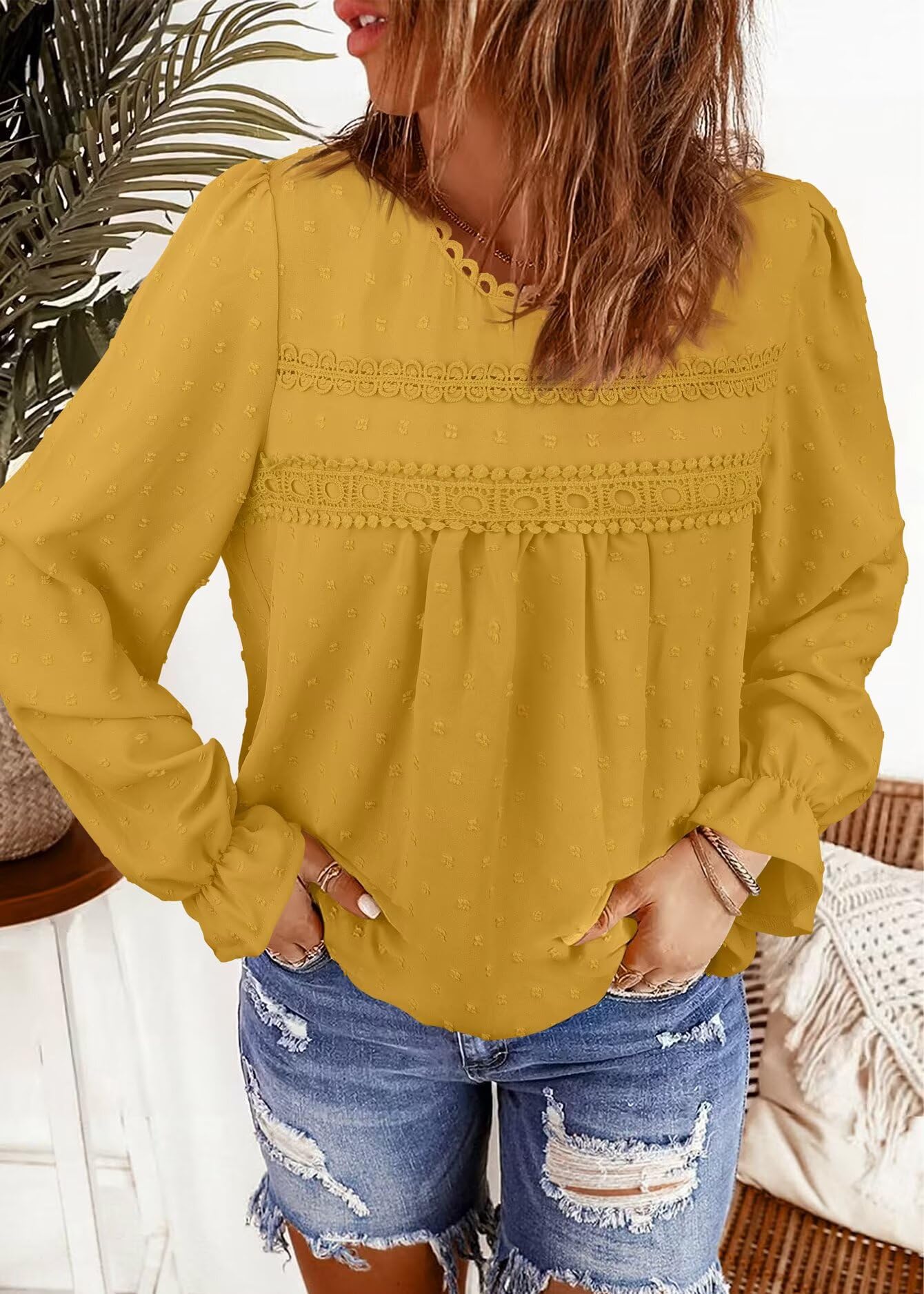 Tee Shirt Femme Bohème Col Rond Top Manches Longues Blouse Élégant