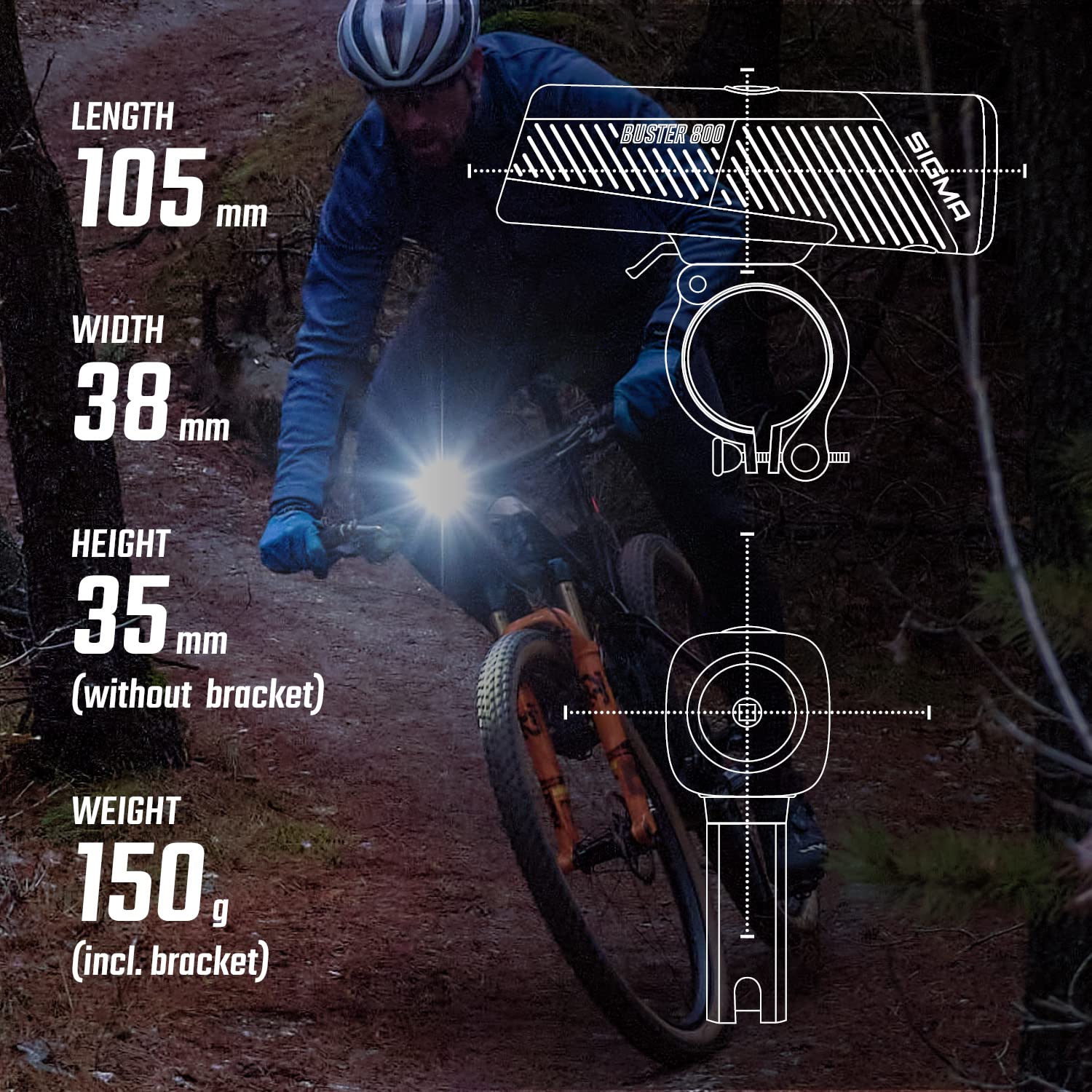 SIGMA BUSTER 800 FL | Faro anteriore per bicicletta impermeabile e ricaricabile con cinque modalità di illuminazione e indicatore di batteria |170 m di portata fino a 30 ore di luce