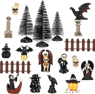 20 Pcs Halloween Miniatures Figurines, Mini Resin Skeleton Pumpkin Ghost Crow Bat Dragon Tombstones Tree Decorations for Halloween Village Garden Crafts Home Decor Accessories