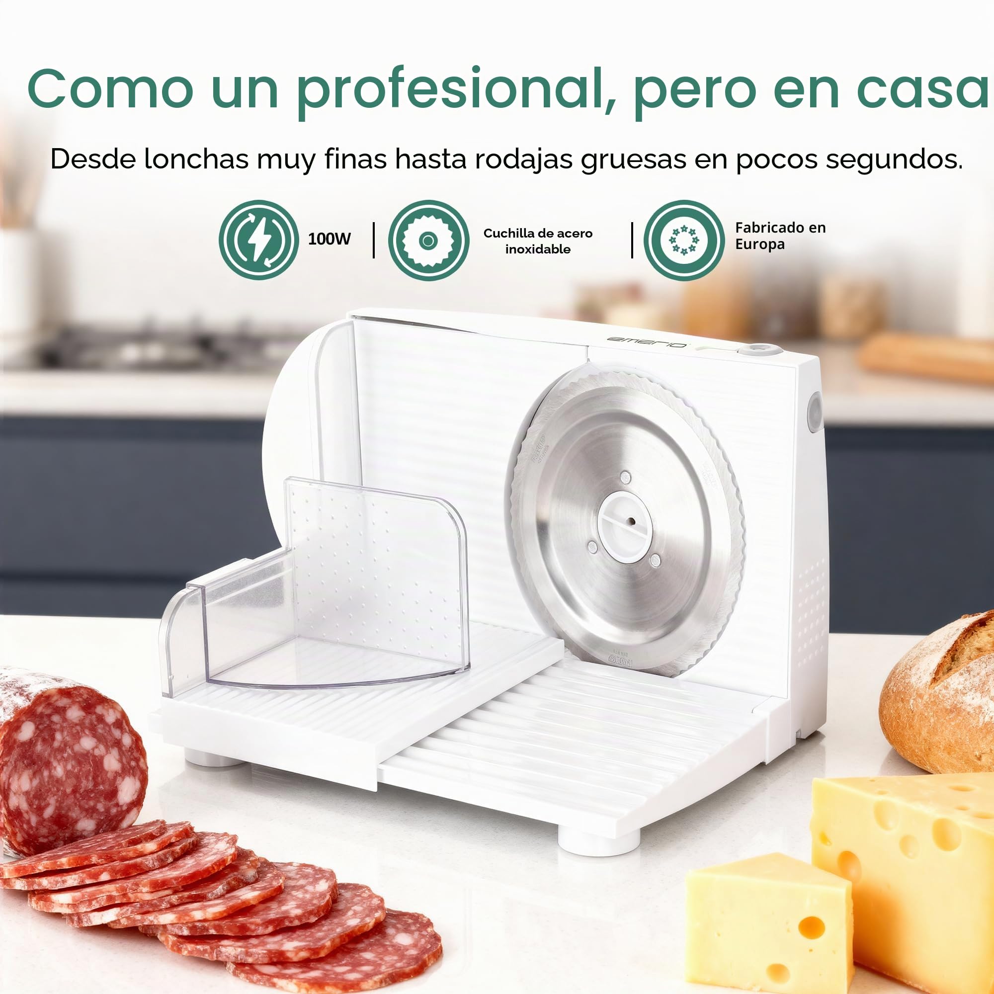 EMERIO Cortadora multiusos, Made in EU, MS-125000, cuchilla de acero inoxidable de Alemania, ajustable de 0 a 17 mm, plegable para ahorrar espacio, con interruptor de seguridad, Eco 100 W