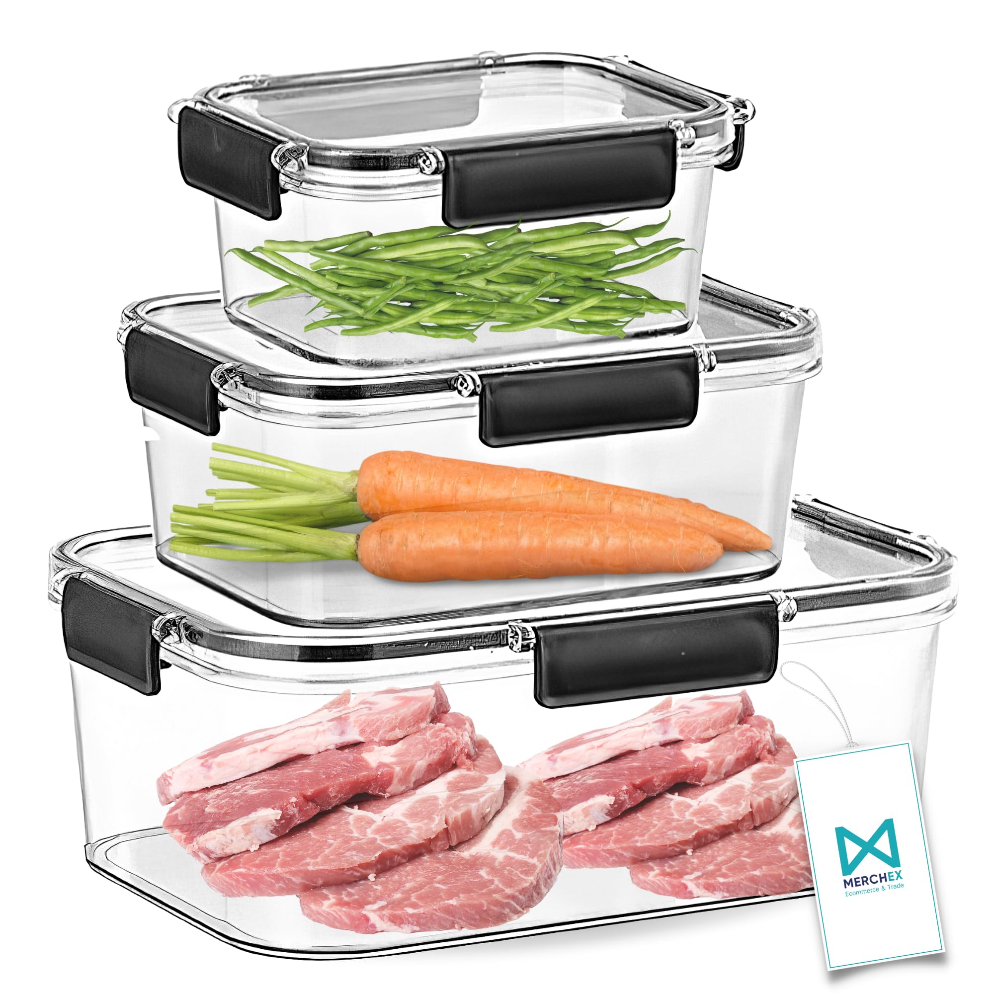 MERCHEX Refrigerator Food Storage Box, BPA-Free Acrylic Storage Container w/Lid, Leak-Proof Durable Container for Meat, Salad & Vegetable – Kitchen, Bathroom, Pantry (3 Set - 450ml, 950ml,1800ml)