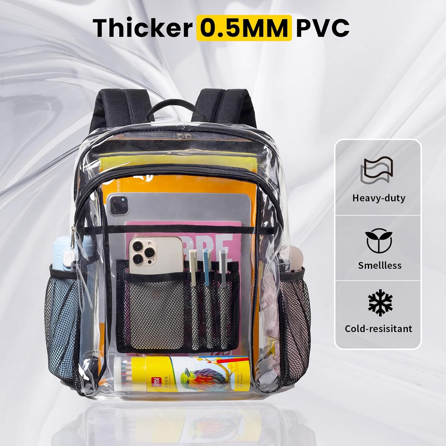 Vorspack Clear Backpack Heavy Duty - Extra Large Clear Book Bag with Multi-pockets See Through Backpack for College Workplace Travel - Black - Image 6