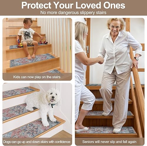 Miniatura 4 de OJIA Alfombra antideslizante a juego para peldaños de madera, parte trasera de goma cuadrada antideslizante, alfombra de aterrizaje para escaleras