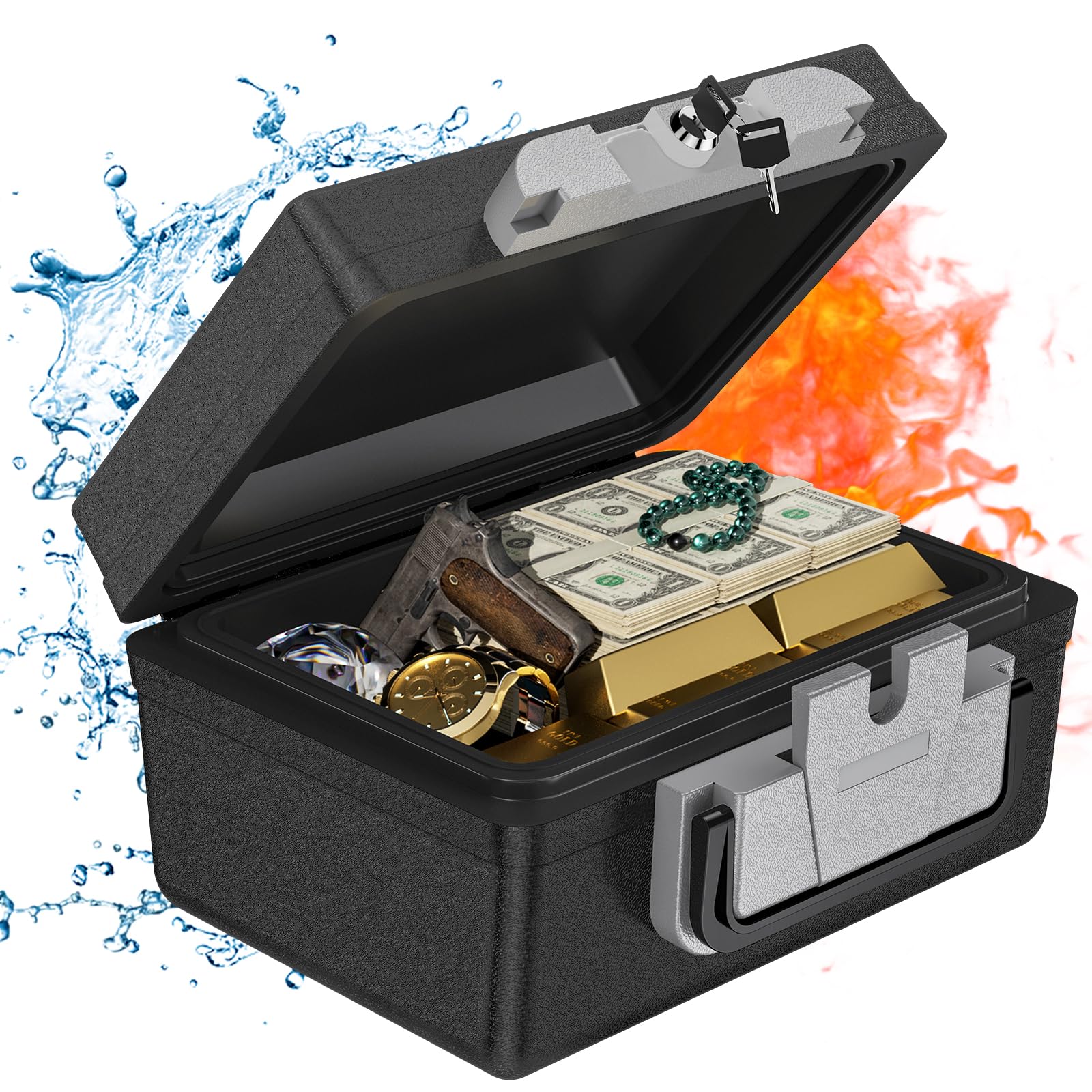 WASJOYE Portable Large Capacity Safe Box - Fireproof Waterproof Safe with Key Lock & Carry Handle, Cash, Medicine, Passport, Jewelry Storage, Security Lock box for Home Office Car Dorm Travel Hotel