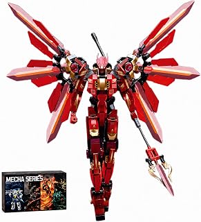 Red Mech Robot Building Block Set for Mecha Fans 511 Pcs | Winged Mecha Model with Poseable Joints and Trident Weapon Building Kit for Adults Desk and Shelf Decor Gift