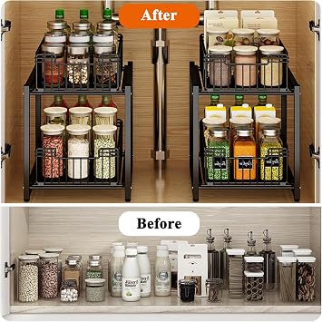Under Sink Organizer, 2-Tier Multi-Purpose Slide-Out Cabinet Basket Organizer Drawers, Under Sink Organizers and Storage Bathroom Kitchen Cabinet Organizer Made of Metal-2 Pack