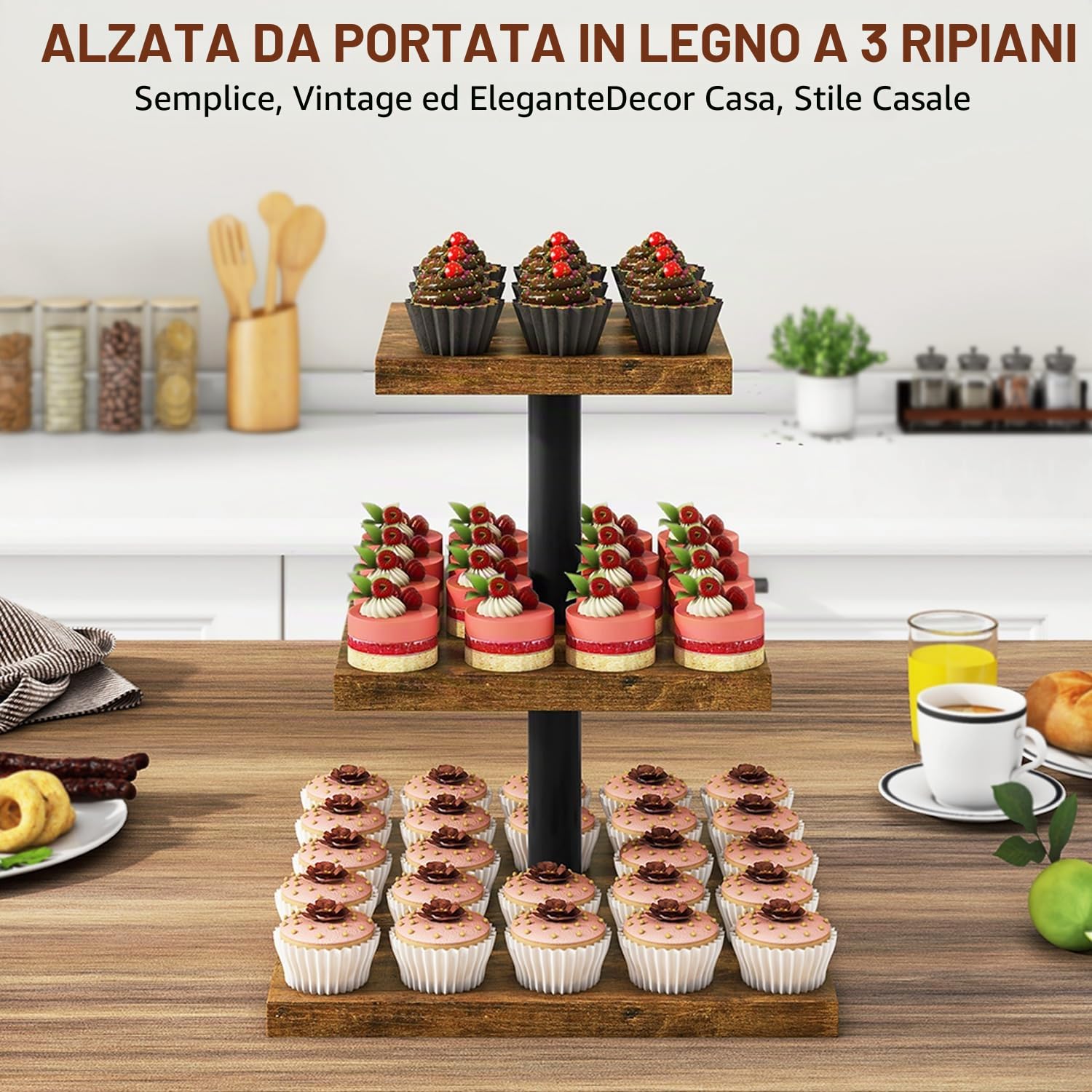 IBUYKE Supporto torre a 3 livelli per cupcake, espositore quadrato in legno resistente, per festeggiamenti marrone rustico TLJ014H
