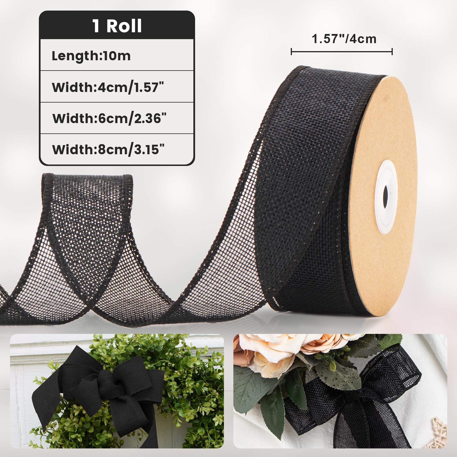 jijAcraft 4CM Black Wired Burlap Ribbon: 10m Hessian Ribbon Roll Natural Wired Hessian Ribbons Rustic Burlap Ribbons for Gift Wrapping Bows - Image 2