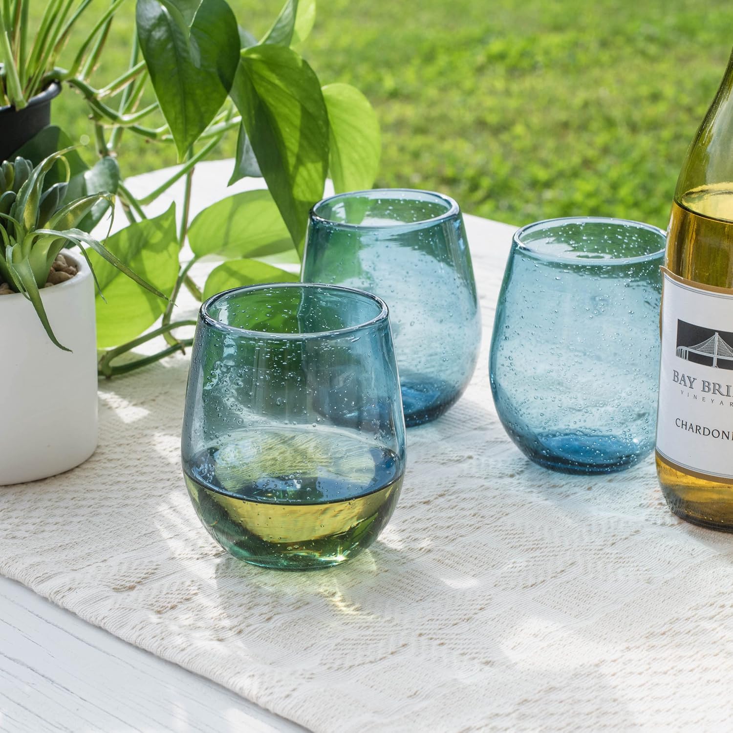 TAG True Living Bubble 14 ounce Glass Stemless Wine Tumbler Set of 6, Midnight Blue