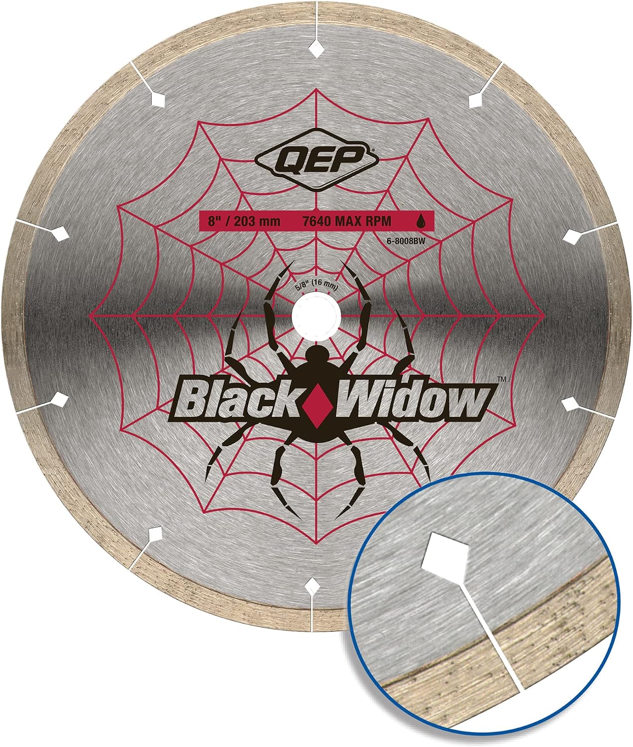 QEP 6-8008BW 8-Inch Black Widow Micro-Segmented Rim Diamond Blade, 5/8-Inch Arbor, Wet Cutting, 7640 Maximum RPM