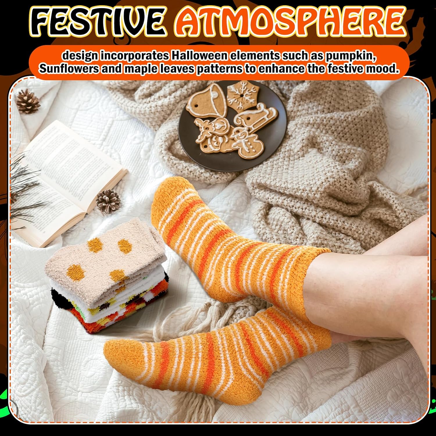 8 Pair Halloween Fuzzy Sock for Women Novelty Pumpkin Ghost Bat Boo Stocking Unisex Socks for Winter Sports Gifts