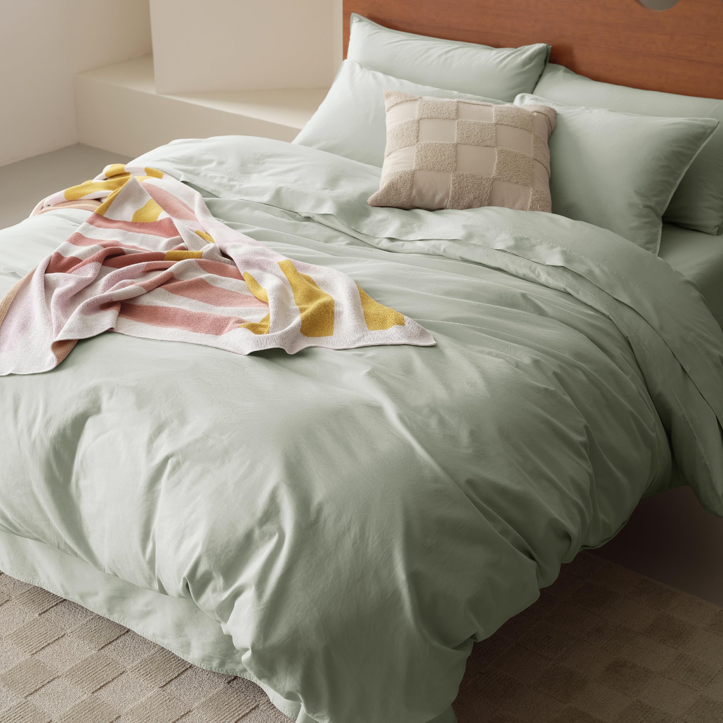 Double Stitch GOTS Organic Cotton Queen Duvet Cover, Washed 300TC (Sage)