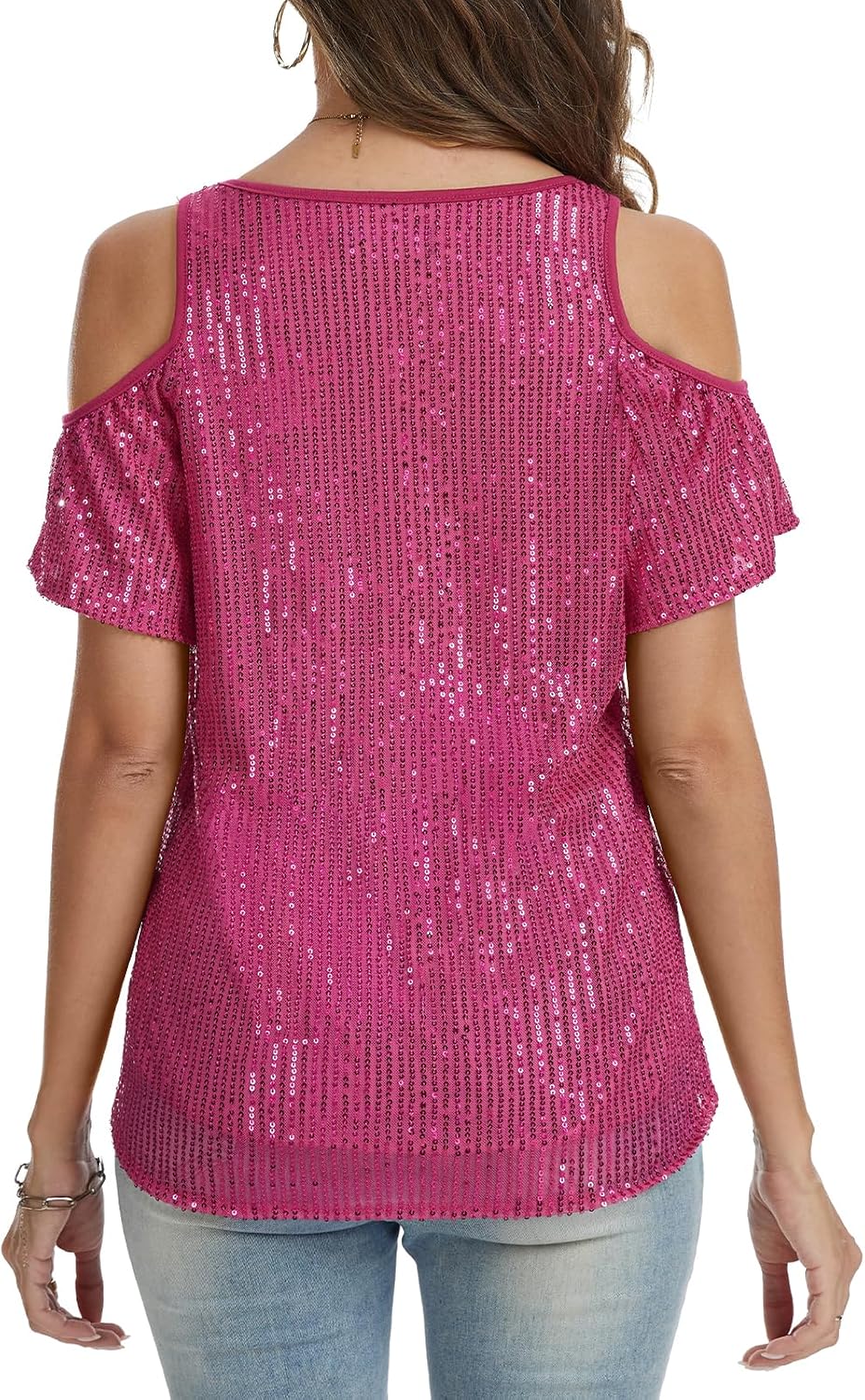 Sparkly Sequin Tops for Women V Neck Cold Shoulder Ruffled Short Sleeve Glitter Blouses Party Disco Shirt