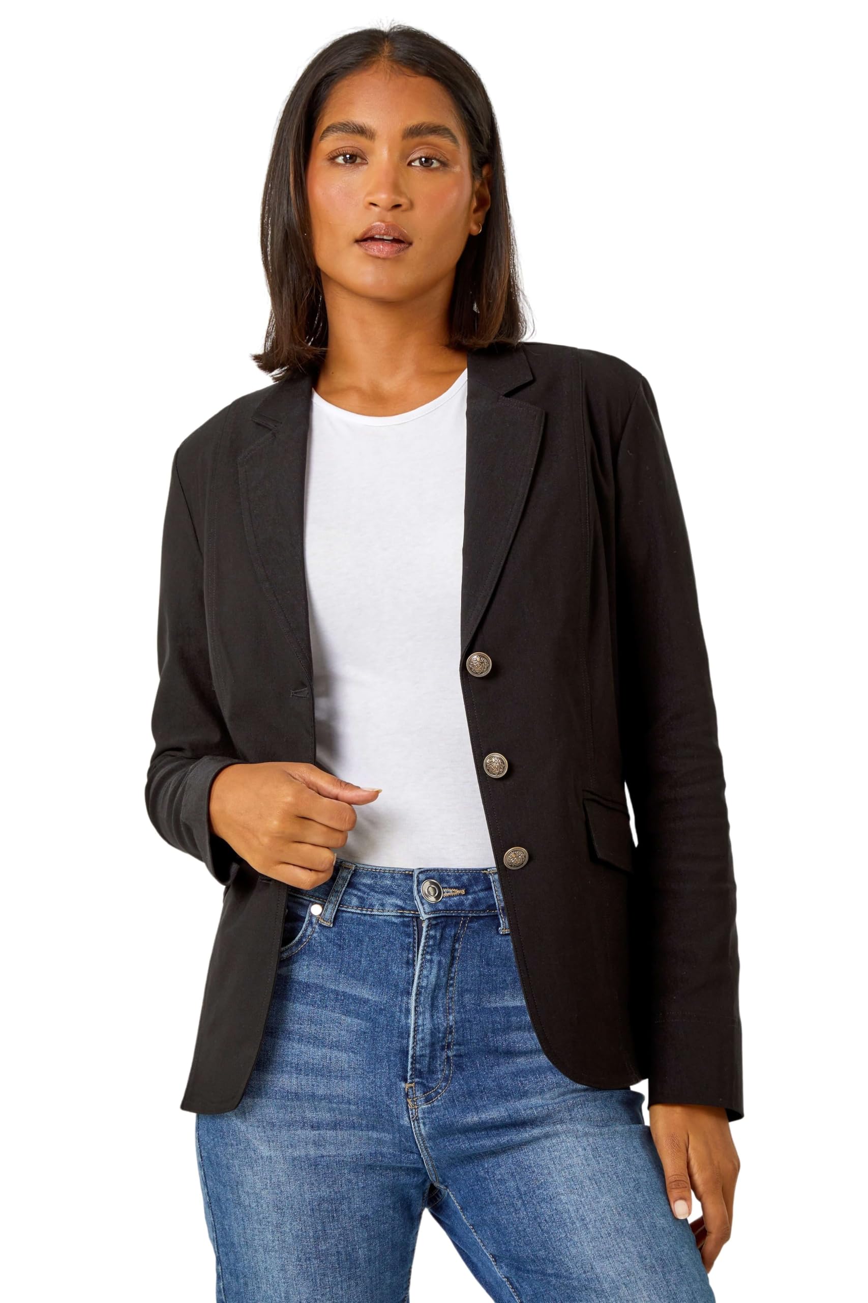 Roman Women's Button Detail Stretch Blazer in Black | Size: 12