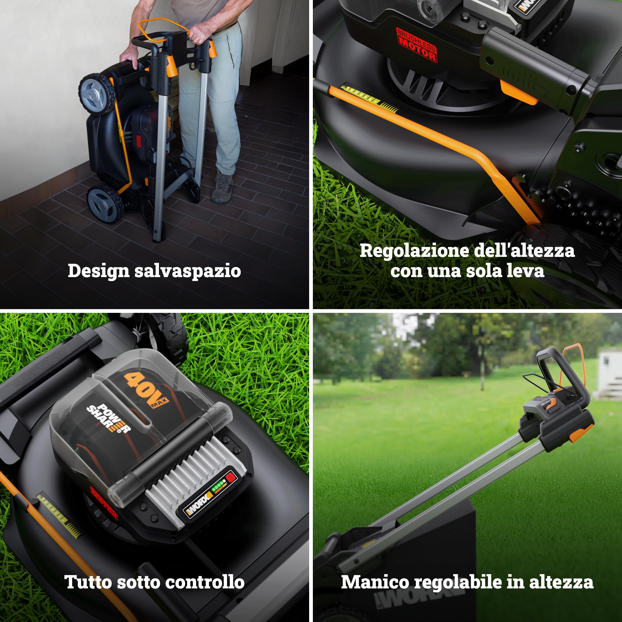 WORX Nitro WG749E Rasaerba 40 V (2 x 20 V) | PowerShare | Include 2 batterie 4 Ah e caricatore doppio | 46 cm con trazione | Mulching | 7 posizioni di altezza