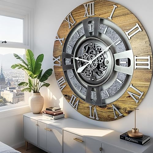 Miniatura 5 de ImprovingLife The Gears Clock Reloj de pared con engranaje móvil real de la línea Inglaterra (madera, piedra y 36 pulgadas)