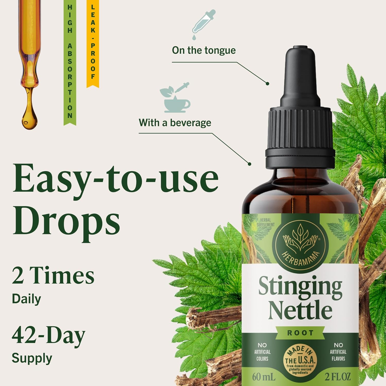 HERBAMAMA Stinging Nettle Tincture - Vegan Urinary Tract Support with Stinging Nettle Root Extract - Non-GMO, Alcohol & Sugar-Free Urtica Dioica Supplement - 42-Day Supply - Image 6
