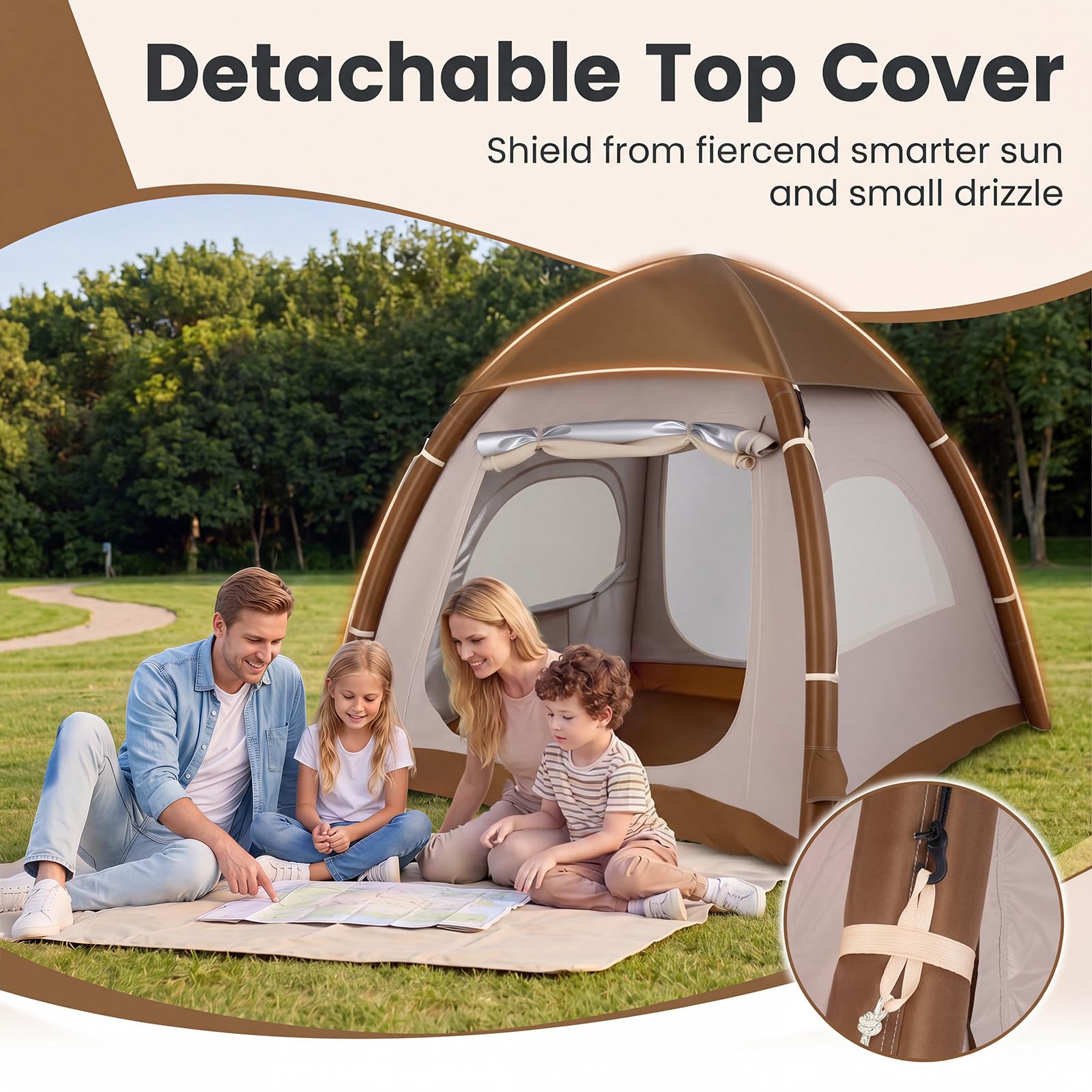 HOMASIS Tenda Gonfiabile da Campeggio 2-4 Posti, 208 x 208 x 196 cm | Tenda Esterna con Pompa Manuale, Copertura Rimovibile, Lucernari e Finestre Traspiranti, Tendone Impermeabile con Borsa