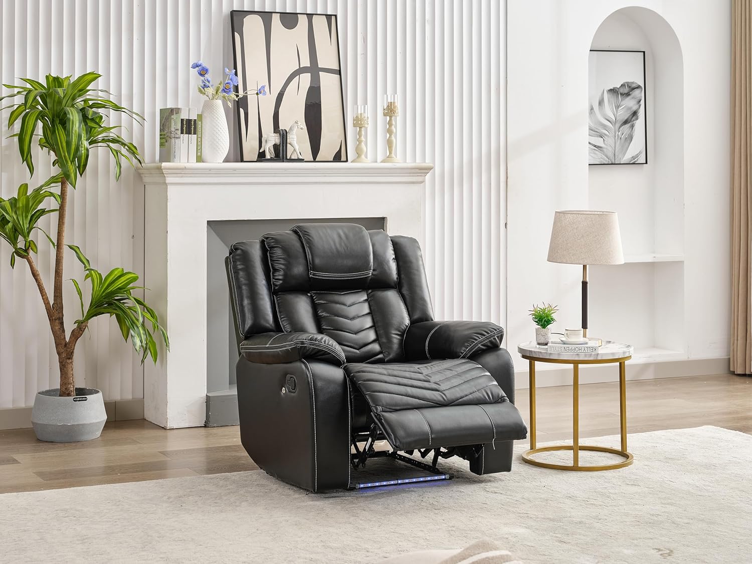 Manual Electric Recliner Chair with LED Lights for Living Room, Faux Leather Reclining Home Theater Seating Chair, RV Recliner Sofa for Adults for Bedroom, Black