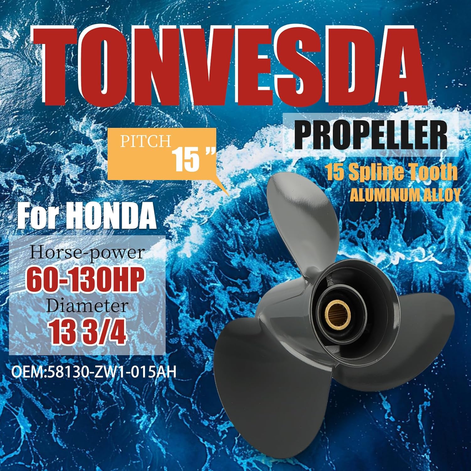 OEM Upgrade Aluminum Outboard Boat Propeller for Honda Engines 13 3/4×15,60HP 75HP 90HP 115HP 130HP,15 Spline Tooth,RH