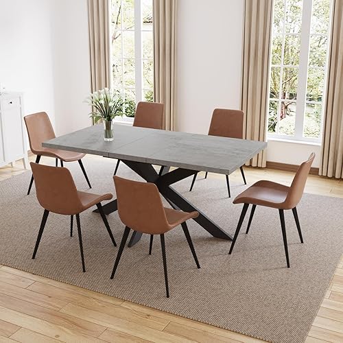 Miniatura 37 de ZckyCine Juego de mesa de comedor extensible de 6 piezas, moderna mesa de madera gris de 63 a 79 pulgadas con 6 sillas de tela gris, mesa de comedor