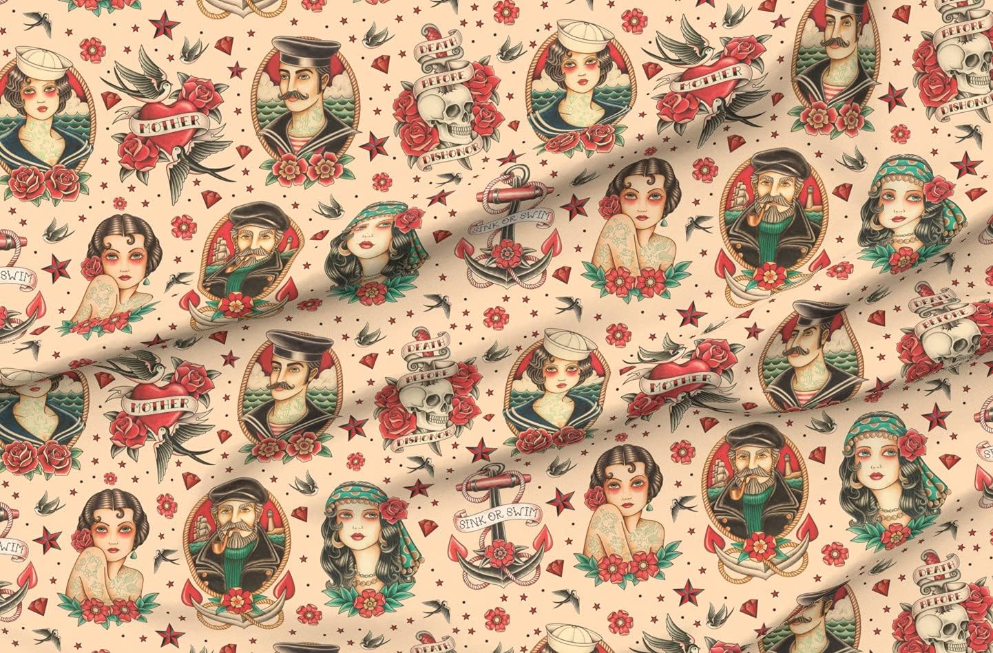 Spoonflower Fabric - Old School Vintage Tattoo Beige Large Classic Skulls Anchor Sailor Printed on Organic Cotton Sateen Fabric by The Yard - Sewing Quilting Apparel Home Decor