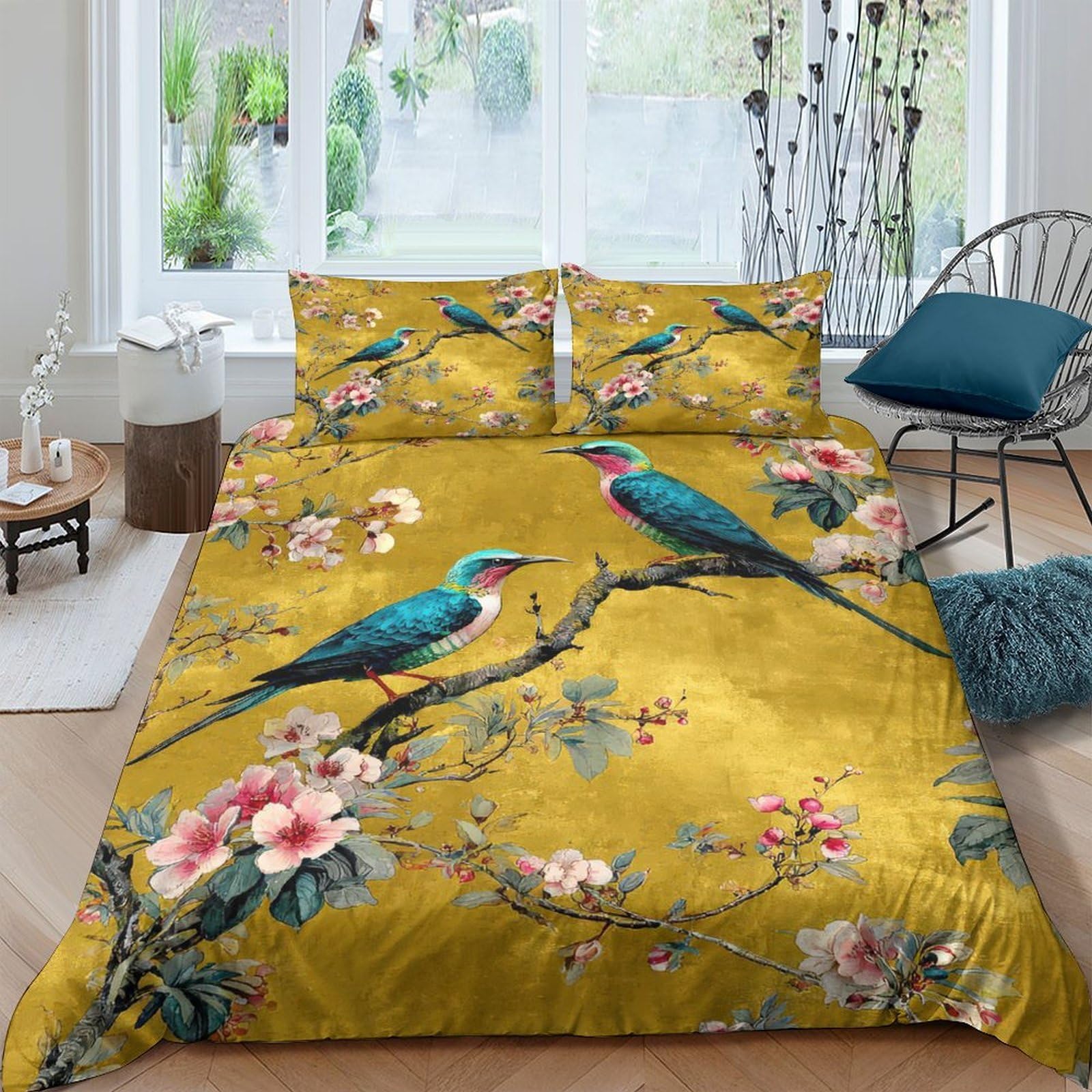 Ctjqhvkz Style-4 3D Printed Yellow Parrot Fitted Sheet Microfiber Floral Branch Mattress Cover For Bedroom Guest Room Dorm Decor Single（135X200cm）
